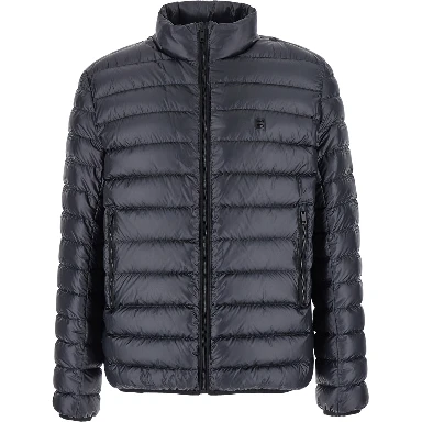 Black High Neck Down Jacket with Logo Detail in Tech Fabric Man