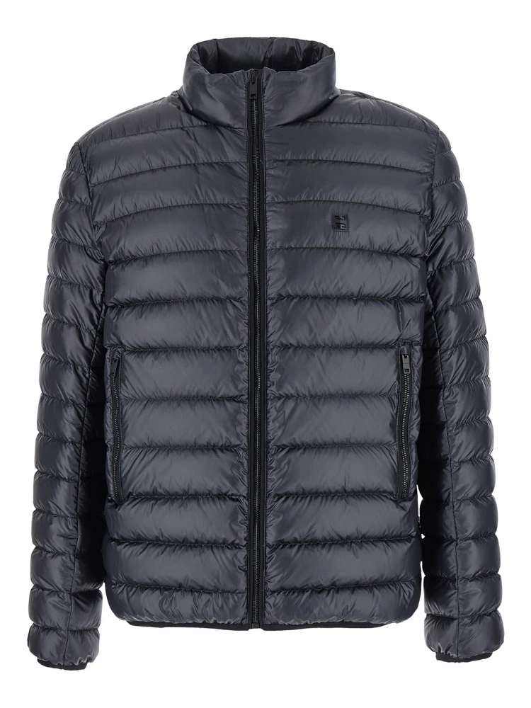 Black High Neck Down Jacket with Logo Detail in Tech Fabric Man