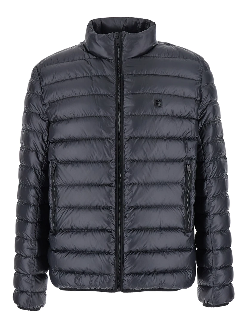 Black High Neck Down Jacket with Logo Detail in Tech Fabric Man