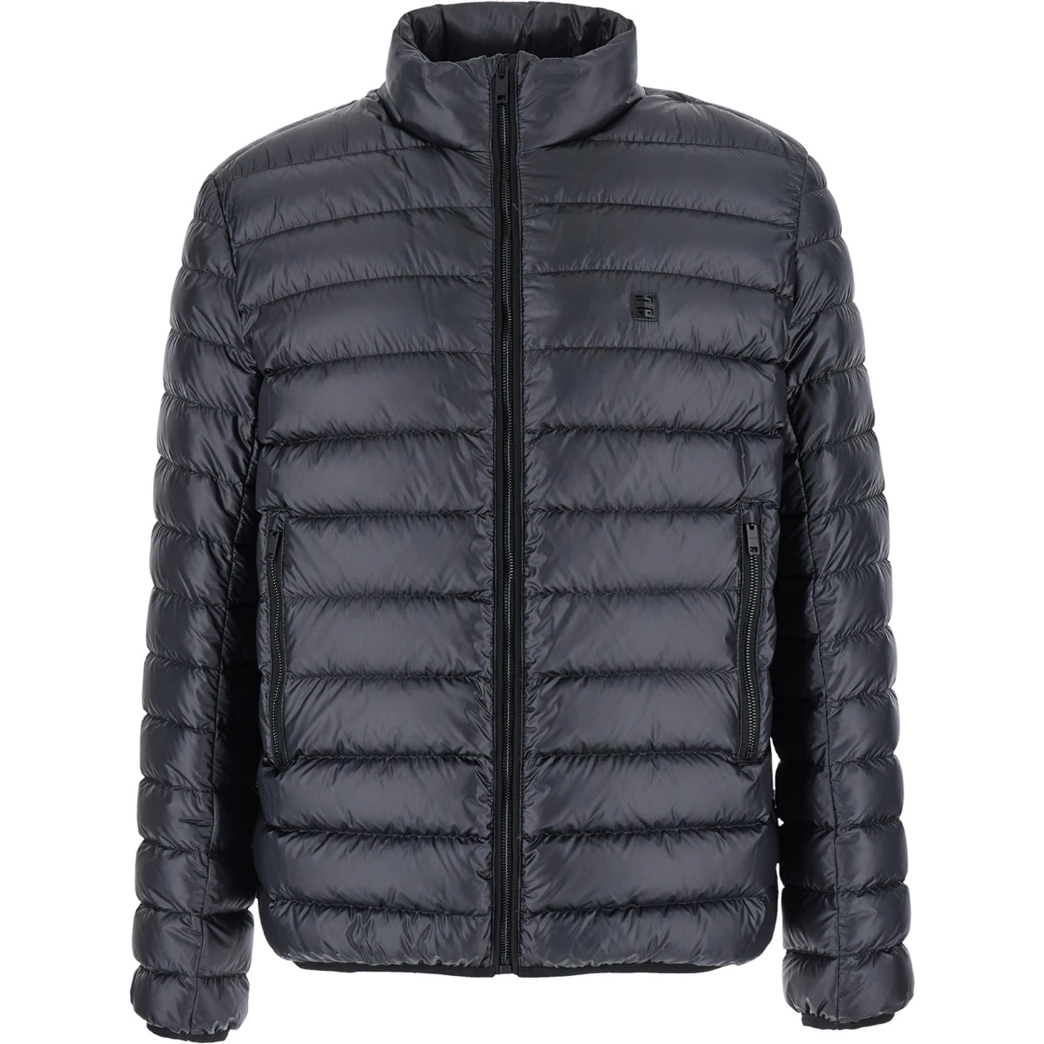 Black High Neck Down Jacket with Logo Detail in Tech Fabric Man
