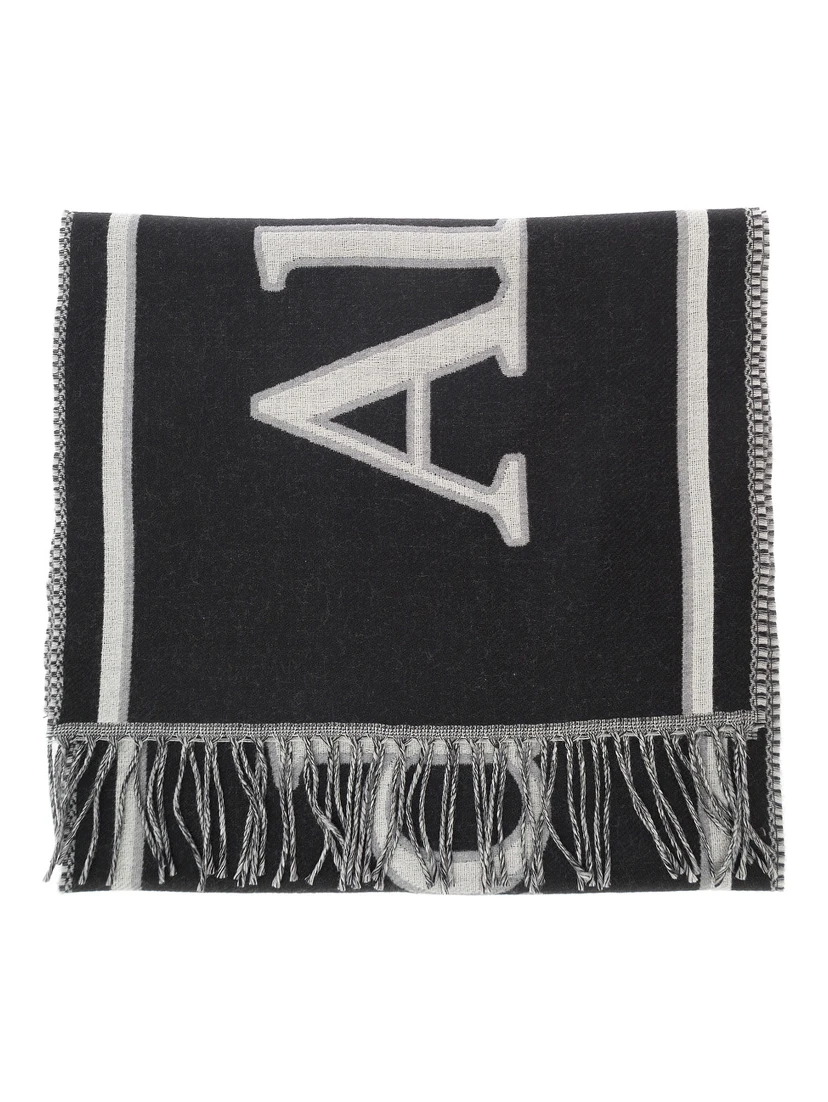 Black and White Scarf with Varsity Logo in Wool Man