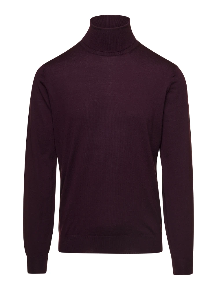 كنزة صوفية بياقة عالية بلون بورغندي وحواف مضلعة من تصميم غاودنزي للرجال