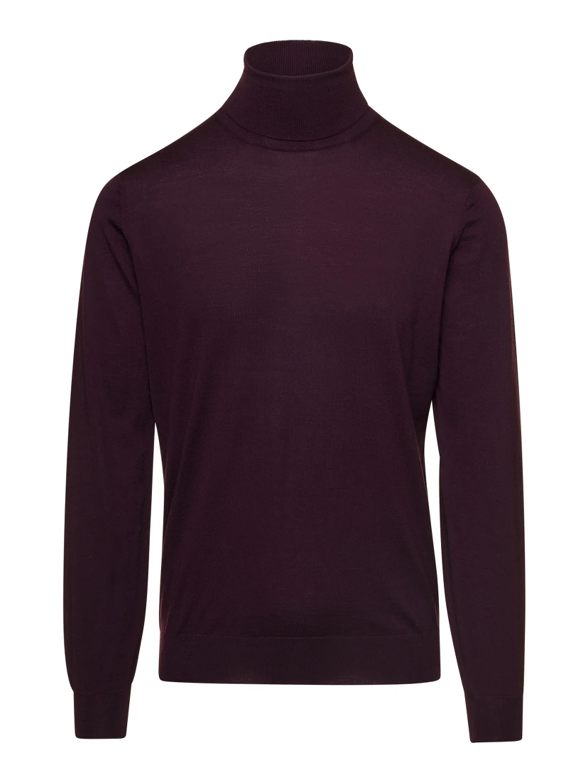 كنزة صوفية بياقة عالية بلون بورغندي وحواف مضلعة من تصميم غاودنزي للرجال