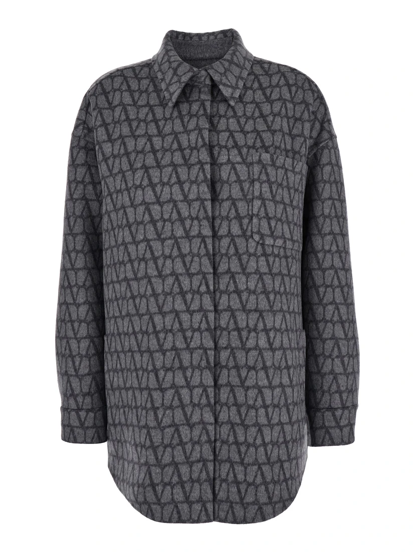 Grey Reversible Shirt with Toile Iconographe Jacquard Pattern in Wool Blend Woman
