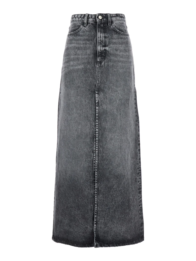 Grey High Waist Long Skirt with Logo Patch on the Rear and Logo Detail on the Rear in Denim Woman