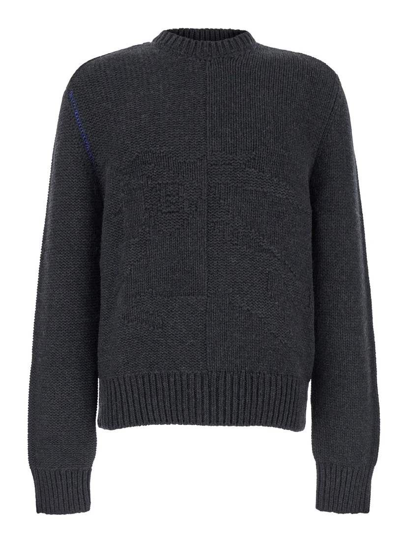 Grey Sweater with Equestrian Knight Jacquard Motif in Cashmere Man