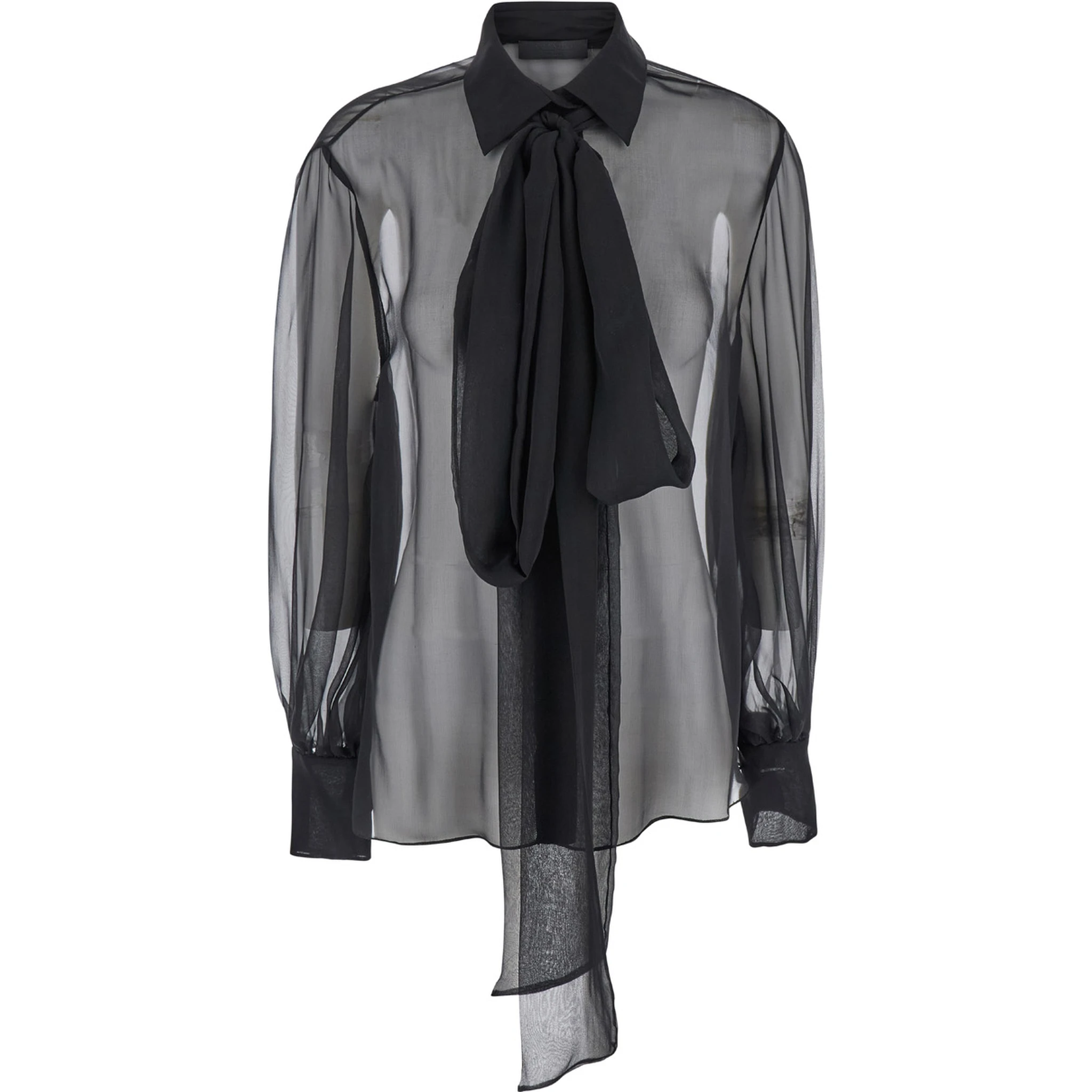 Black Shirt with Classic Collar and Neck Scarf in SIlk Woman