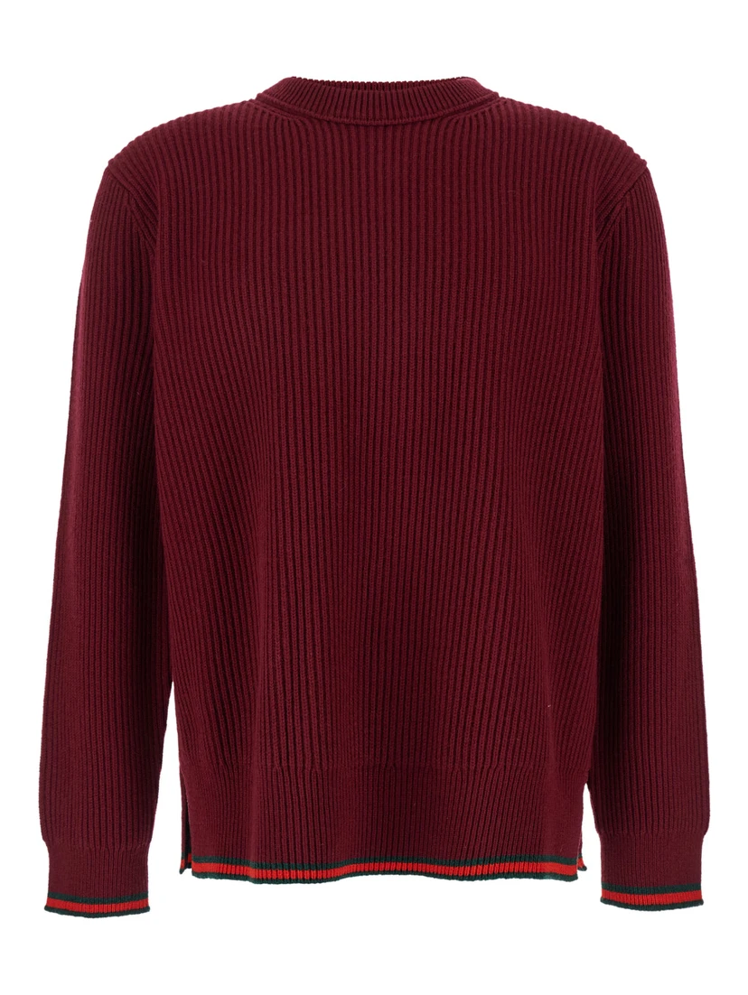 كنزة صوفية حمراء برقبة دائرية وتفاصيل شبكية من مزيج الصوف المضلع للرجال