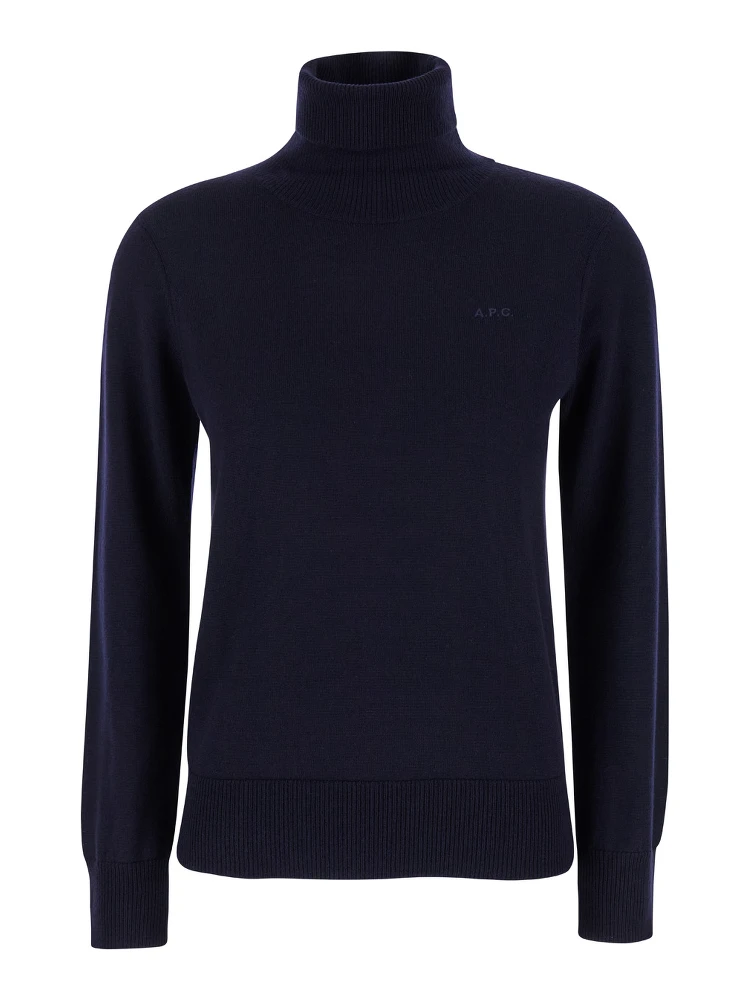 Blue High Neck Sweater with Logo Embroidery in Wool Woman