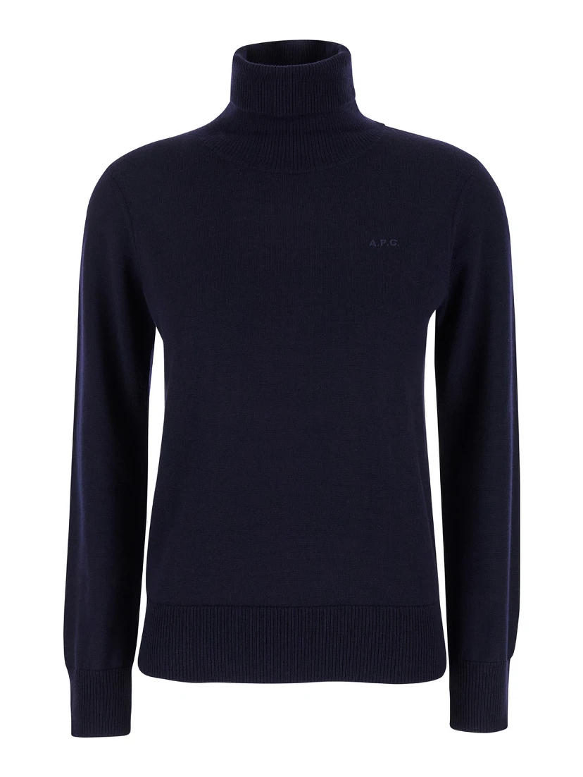 Blue High Neck Sweater with Logo Embroidery in Wool Woman