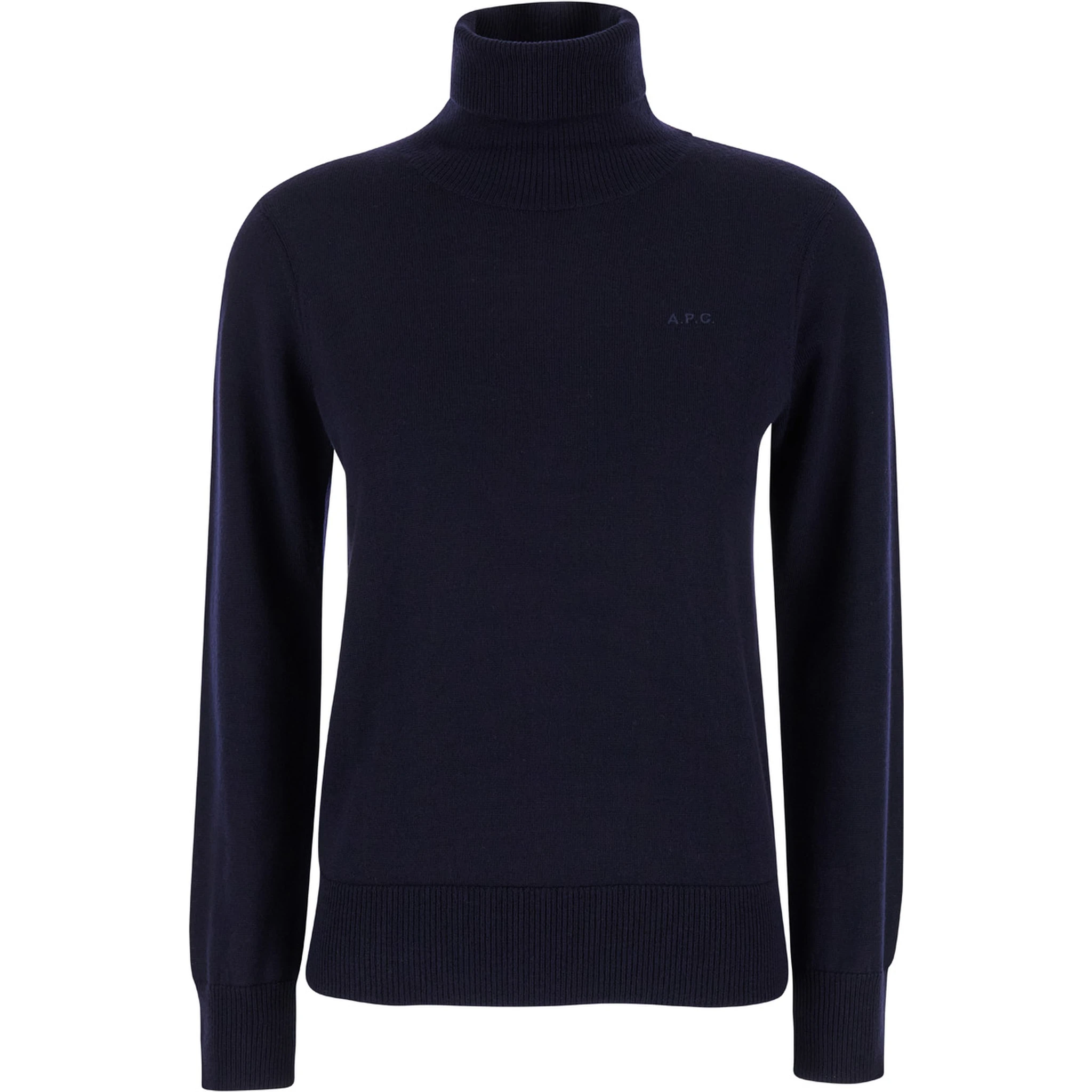 Blue High Neck Sweater with Logo Embroidery in Wool Woman