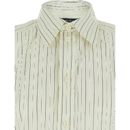 White Dress with Classic Collar and All-Over Striped Motif in Cotton Woman