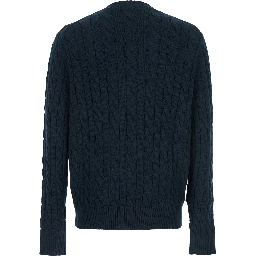 Blue Crewneck Sweater with Pony Embroidery on the Front and Woven Knit in Cotton Man