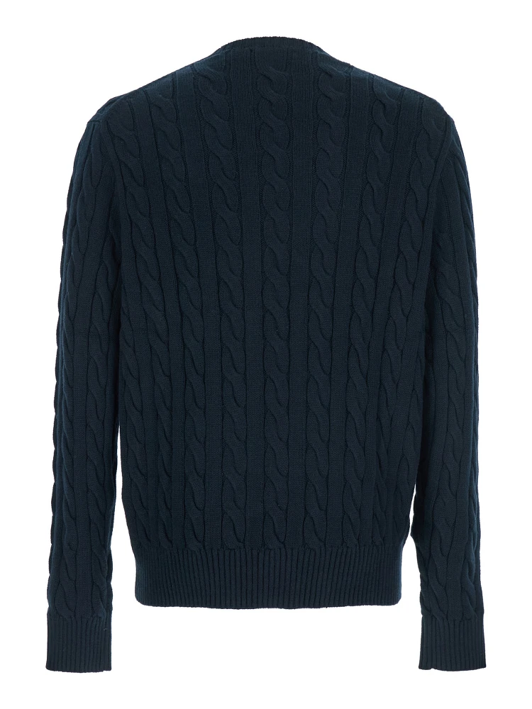 Blue Crewneck Sweater with Pony Embroidery on the Front and Woven Knit in Cotton Man alternative