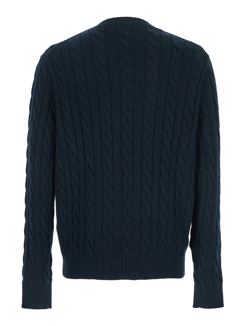Blue Crewneck Sweater with Pony Embroidery on the Front and Woven Knit in Cotton Man