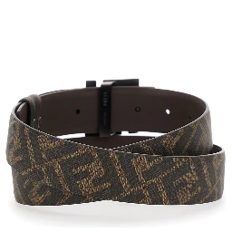 Brown Belt with Metallic FF Logo Plaque on the Front and FF Motif in Leather Man