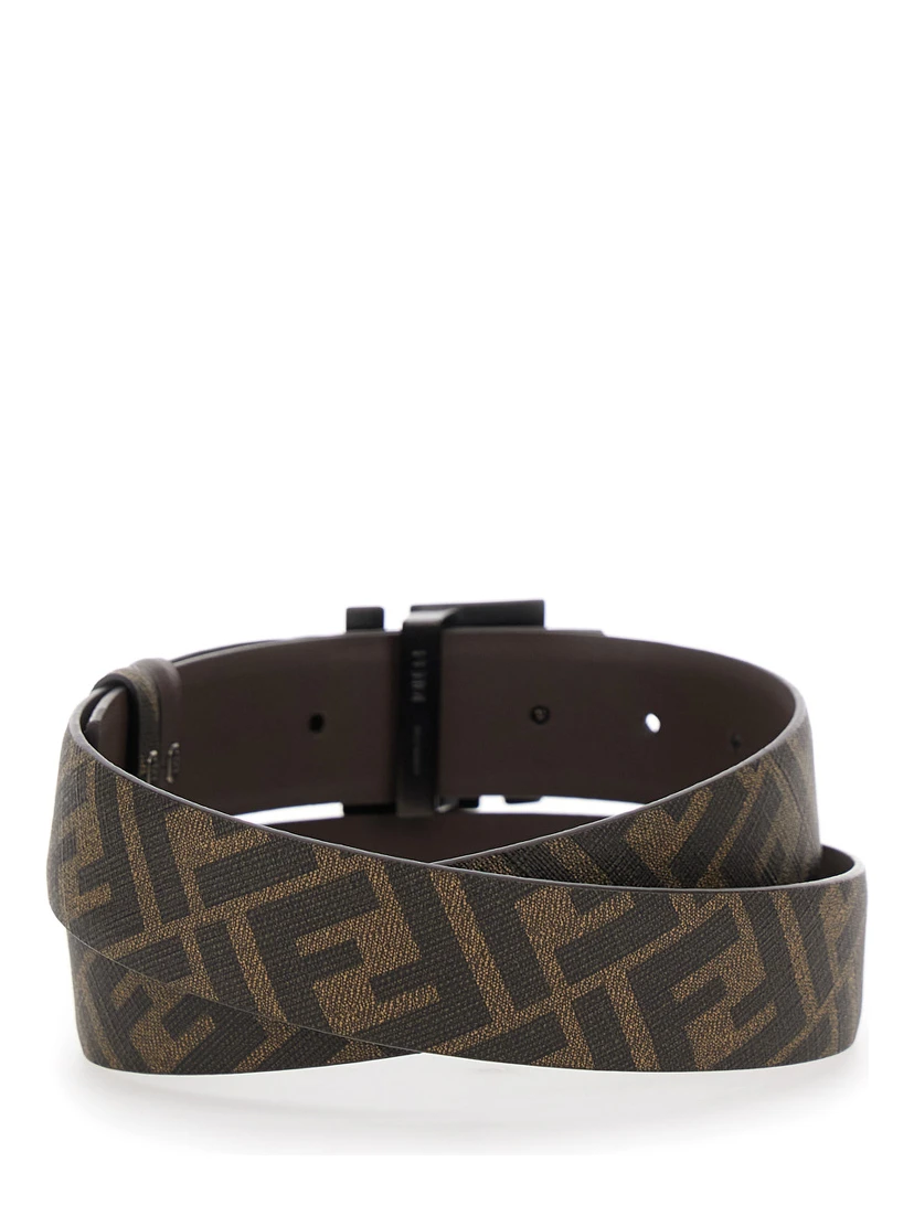 Brown Belt with Metallic FF Logo Plaque on the Front and FF Motif in Leather Man
