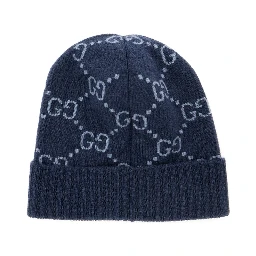 قبعة صوفية زرقاء بنقشة GG كاملة من قماش الكشمير الرجالي