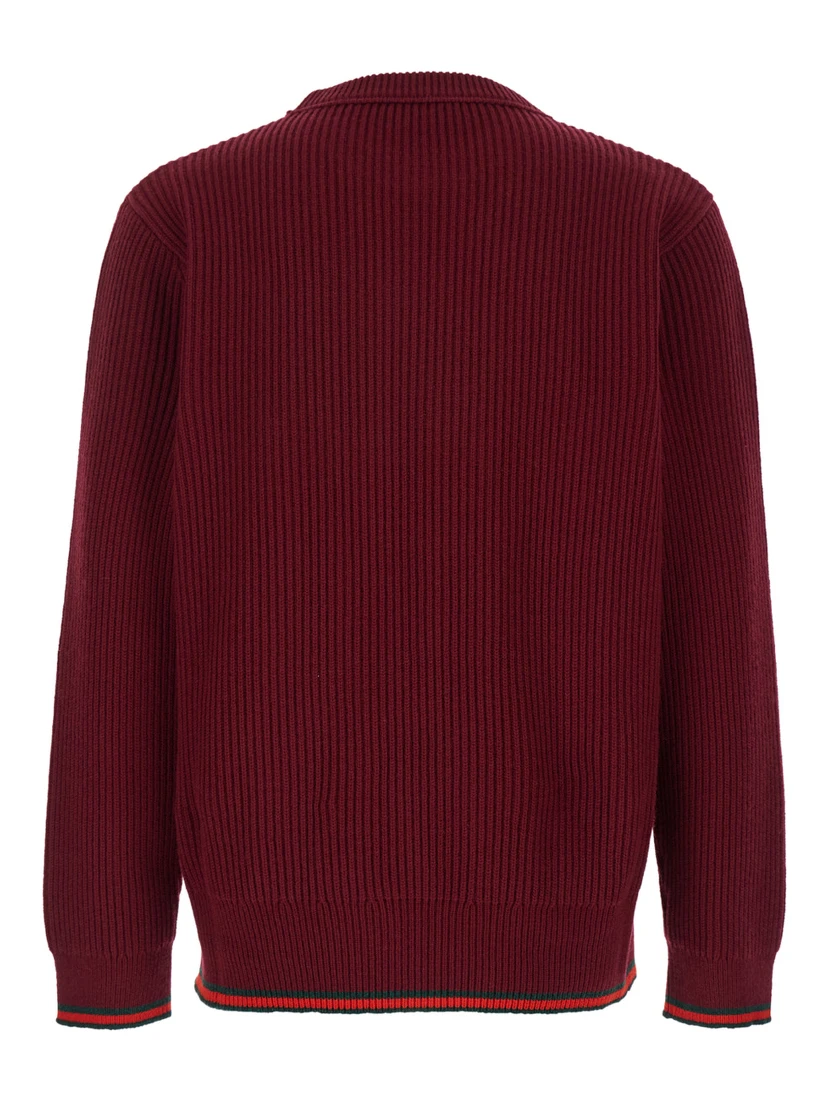 كنزة صوفية حمراء برقبة دائرية وتفاصيل شبكية من مزيج الصوف المضلع للرجال