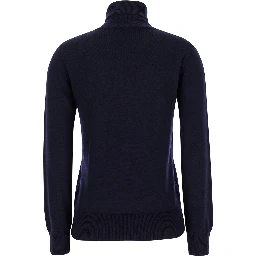 Blue High Neck Sweater with Logo Embroidery in Wool Woman