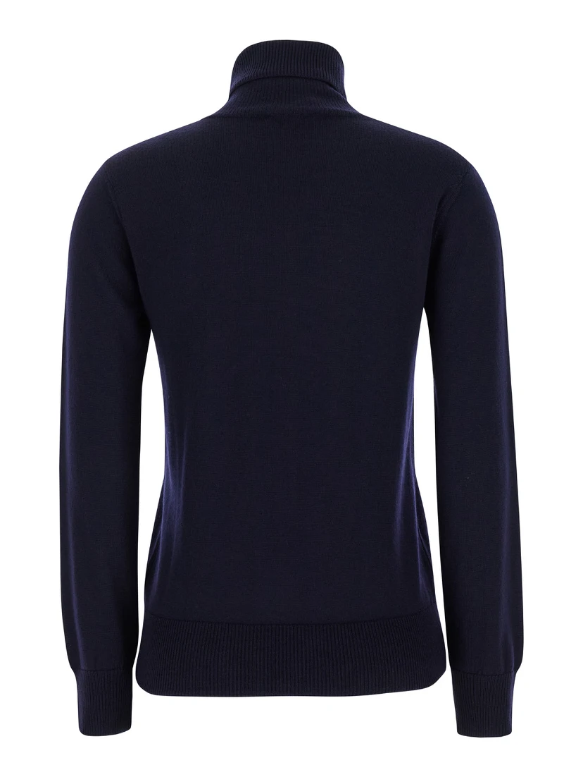 Blue High Neck Sweater with Logo Embroidery in Wool Woman