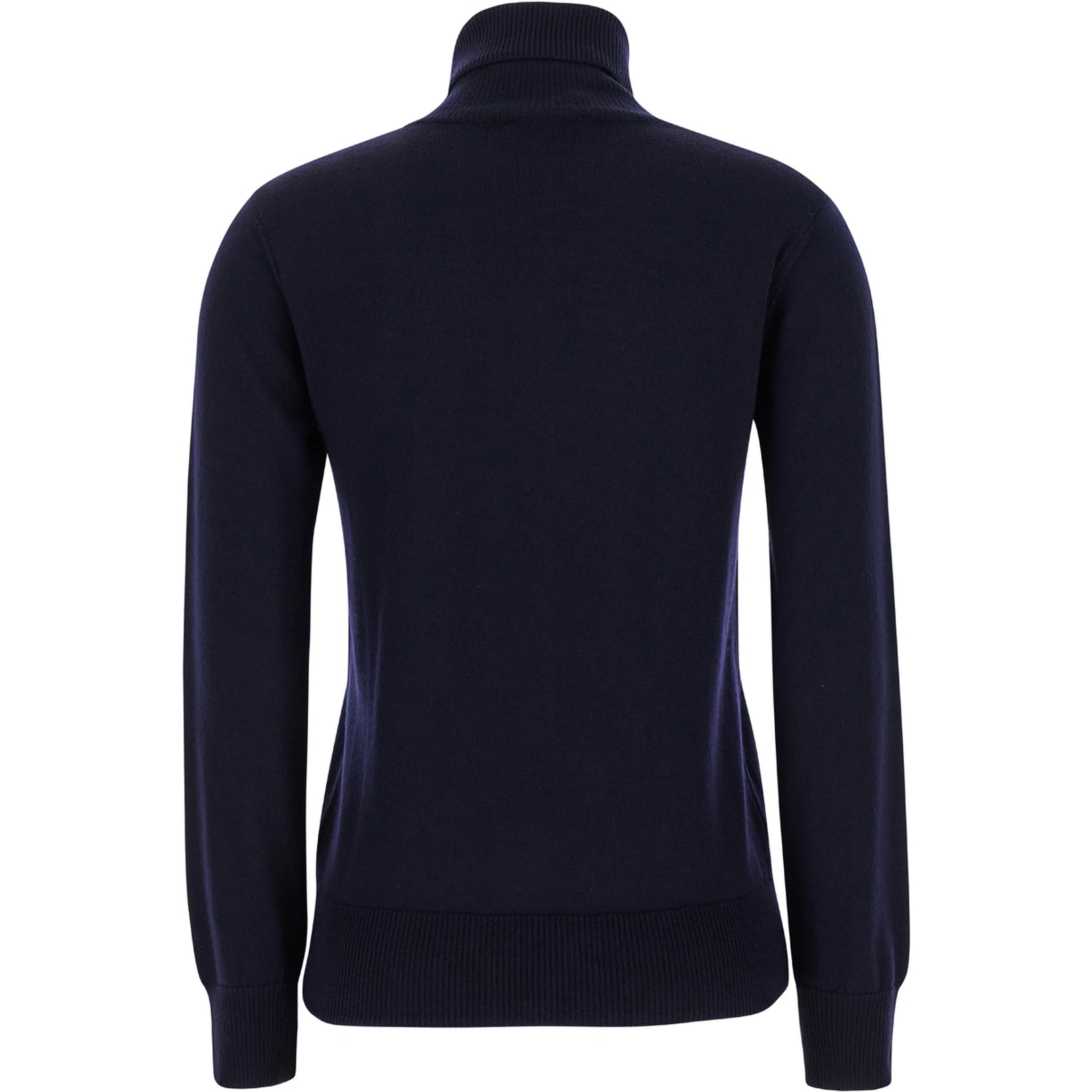 Blue High Neck Sweater with Logo Embroidery in Wool Woman