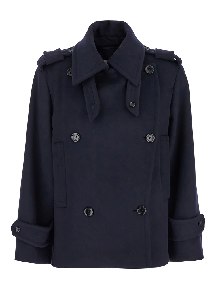 Laveno Blue Double Breasted Jacket with Wide Pointed Lapels in Virgin Wool Blend Woman