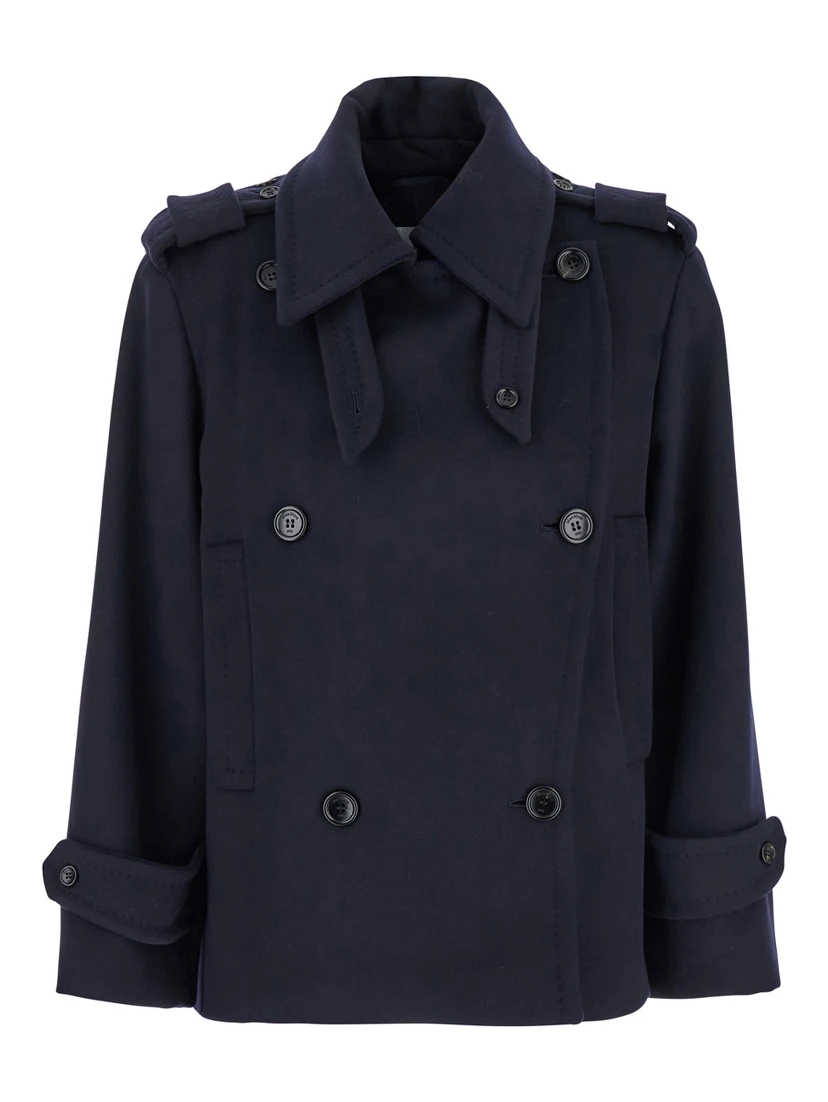 Laveno Blue Double Breasted Jacket with Wide Pointed Lapels in Virgin Wool Blend Woman