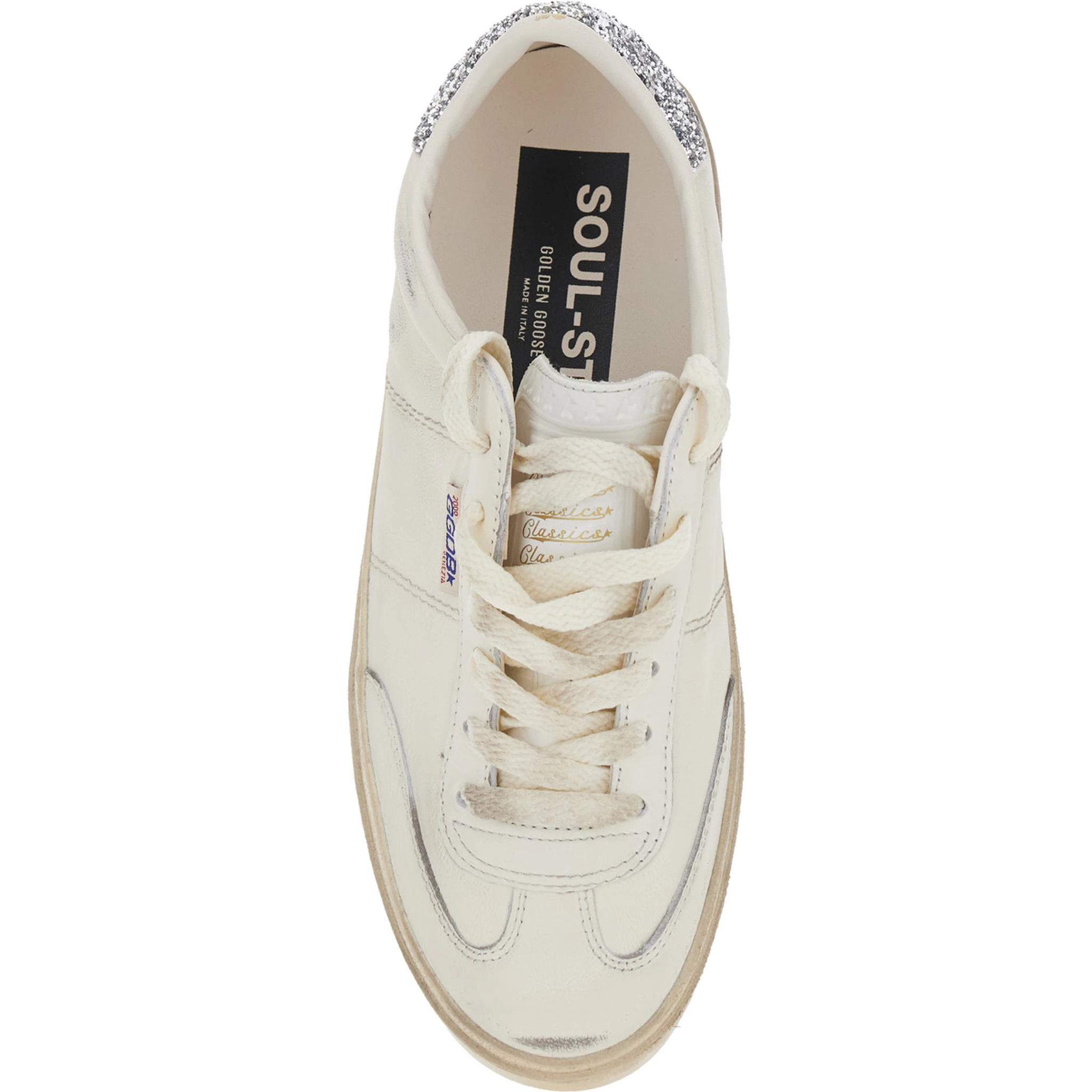 Soul-Star White Low-Top Sneaker with Glitter Heel and Logo Lettering in Leather Woman
