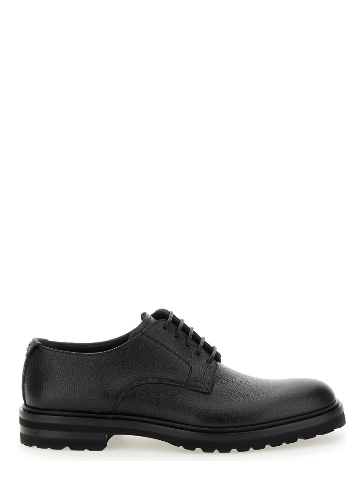 Altavilla Black Derby Lace-Up Shoes with Metal DG Logo on Heel in Brushed Leather Man
