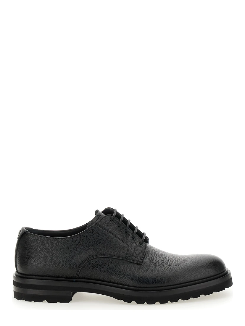 Altavilla Black Derby Lace-Up Shoes with Metal DG Logo on Heel in Brushed Leather Man