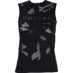 Black Crewneck Sleeveless Top with Logo Lettering on the Front and Semi Sheer Panels on the Front in Viscose Woman