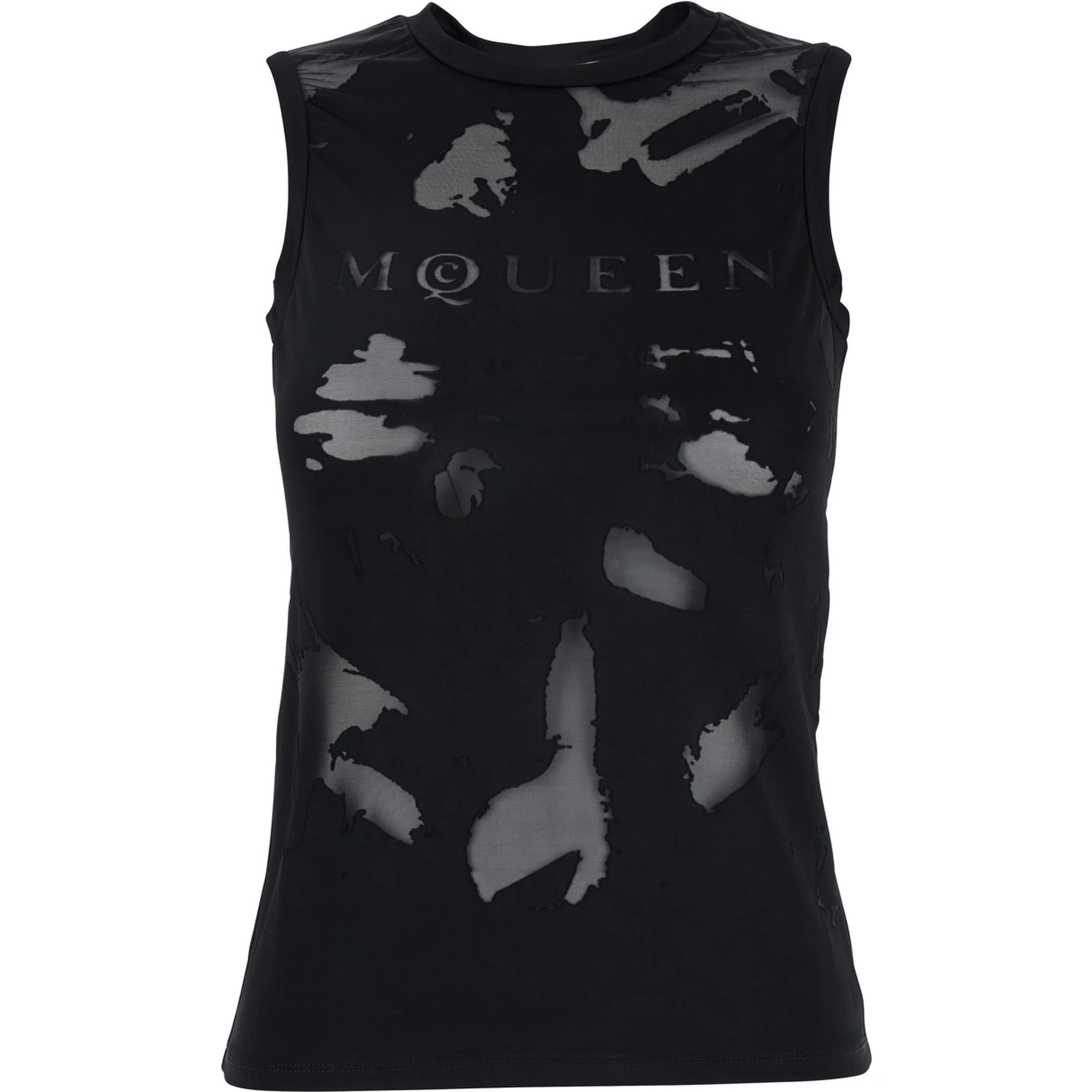 Black Crewneck Sleeveless Top with Logo Lettering on the Front and Semi Sheer Panels on the Front in Viscose Woman