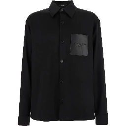 Black Shirt with Classic Collar and Logo Detail on the Pocket in Wool Stretch Man