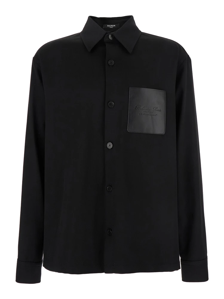 Black Shirt with Classic Collar and Logo Detail on the Pocket in Wool Stretch Man
