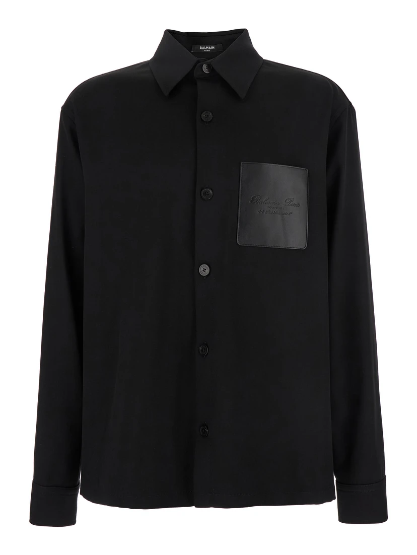Black Shirt with Classic Collar and Logo Detail on the Pocket in Wool Stretch Man