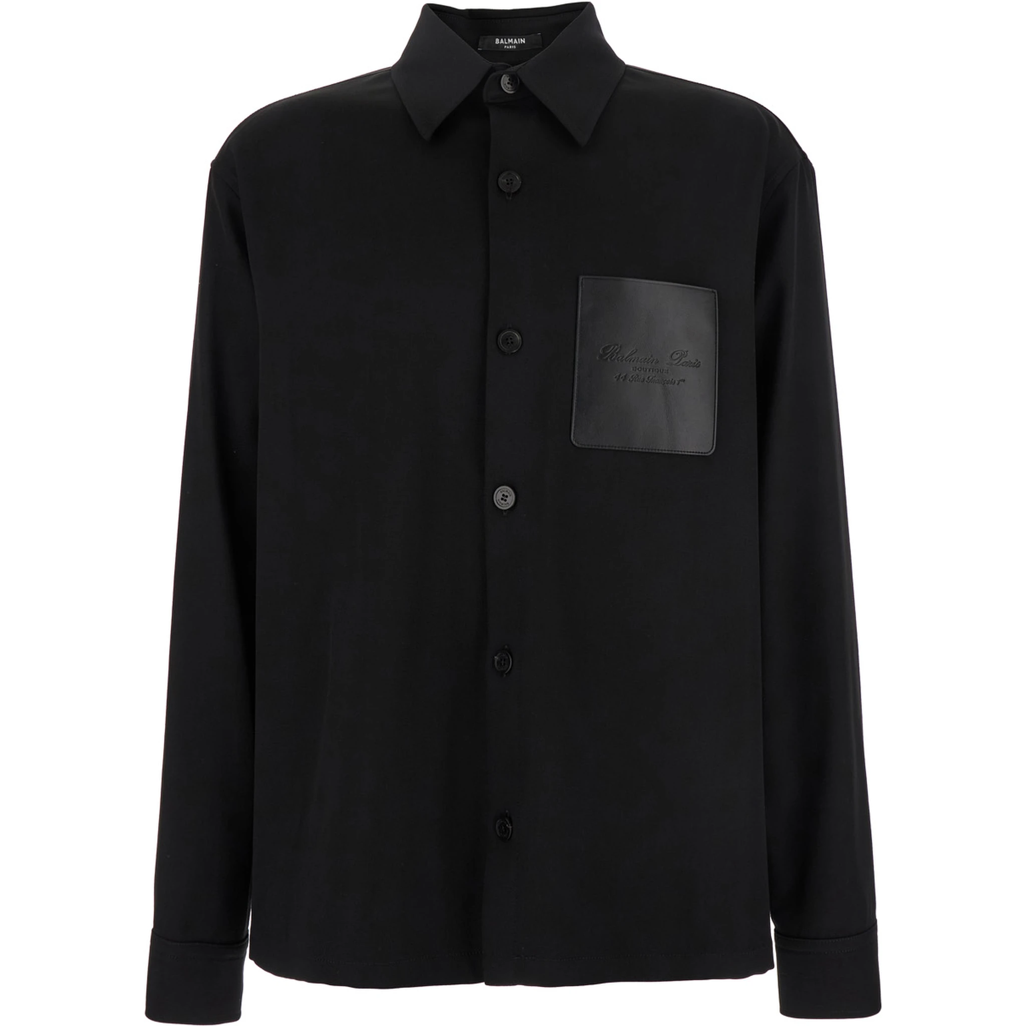 Black Shirt with Classic Collar and Logo Detail on the Pocket in Wool Stretch Man