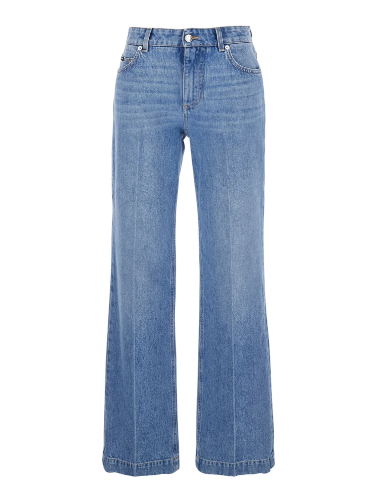 Blue Five Pocket Jeans with Metallic Logo Patch on the Back in Denim Woman