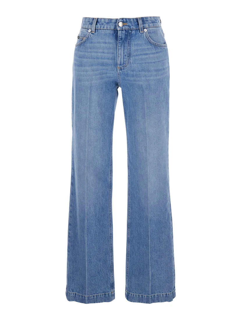 Blue Five Pocket Jeans with Metallic Logo Patch on the Back in Denim Woman