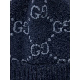 قبعة صوفية زرقاء بنقشة GG كاملة من قماش الكشمير الرجالي