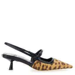 Didi Brown Slingback Pumps with Leopard Motif and Sculpted Heel in Leather Woman