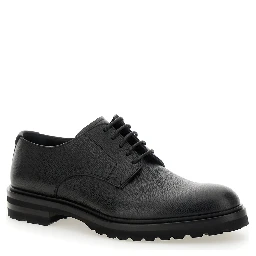 Altavilla Black Derby Lace-Up Shoes with Metal DG Logo on Heel in Brushed Leather Man