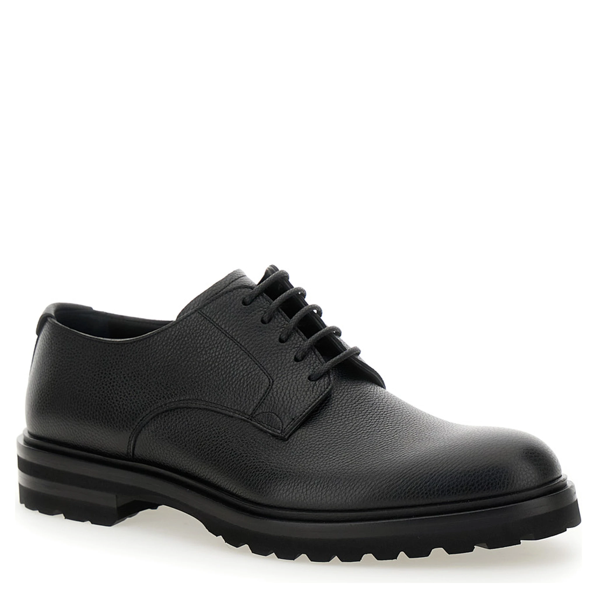 Altavilla Black Derby Lace-Up Shoes with Metal DG Logo on Heel in Brushed Leather Man