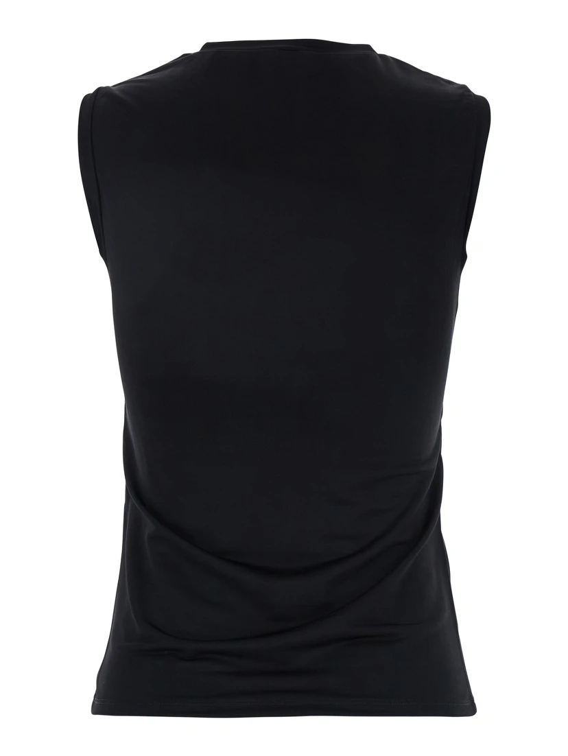 Black Crewneck Sleeveless Top with Logo Lettering on the Front and Semi Sheer Panels on the Front in Viscose Woman