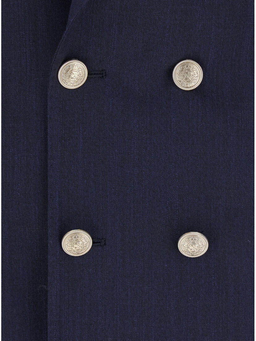 Blue Double-Breasted Suit with Peak Revers and Jewel Buttons in Wool Stretch Man