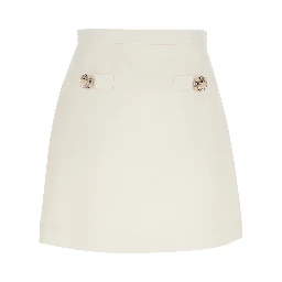 White Flared Miniskirt with Front Jewel Buttons in Wool and Silk Woman