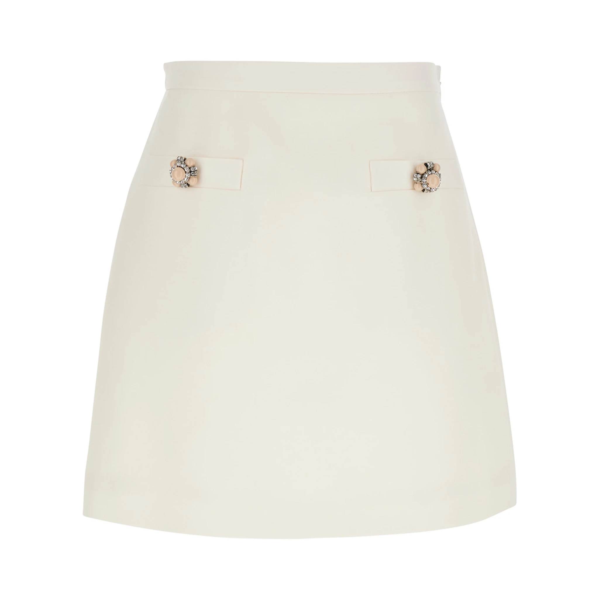 White Flared Miniskirt with Front Jewel Buttons in Wool and Silk Woman