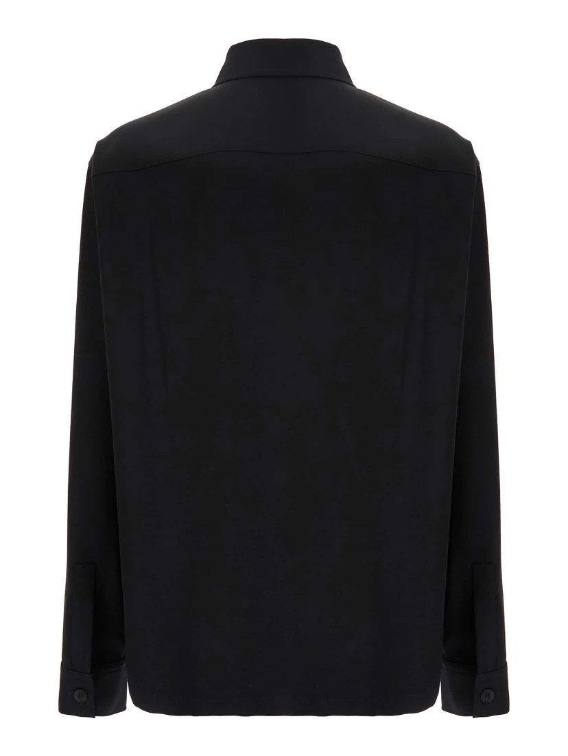 Black Shirt with Classic Collar and Logo Detail on the Pocket in Wool Stretch Man
