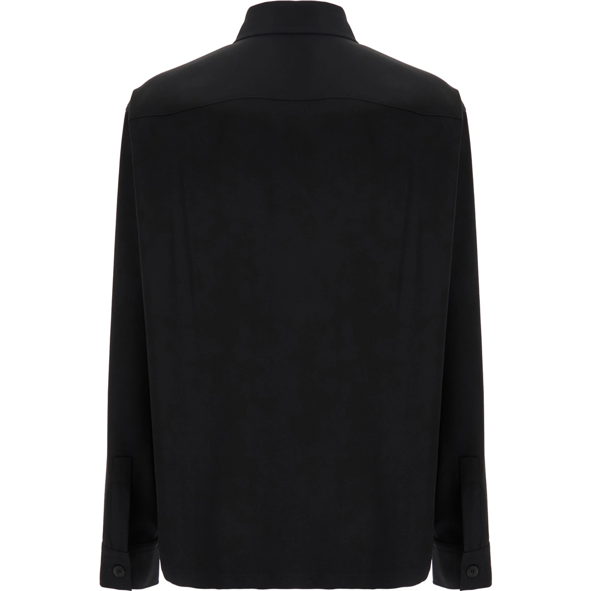 Black Shirt with Classic Collar and Logo Detail on the Pocket in Wool Stretch Man