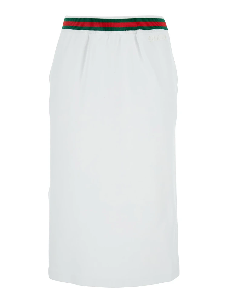 White Skirt with Web Detail on the Waist and Logo Lettering Embroidery on the Front in Cotton Woman